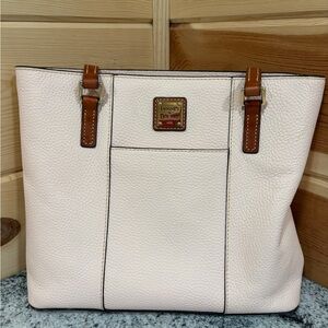 Dooney & Bourke Cream Pebbled Leather Tote with Brown Trim and Straps
